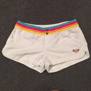 Roxy White Swim Shorts with Teal, Pink & Yellow Waistband